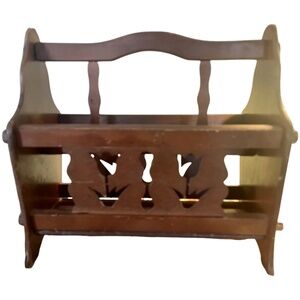 Vintage Wood Magazine Book Record Storage Rack Bin with Tulip Cutouts- 15 1/4 x